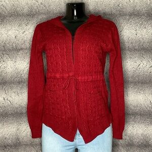 Maroon Hooded Cable Knit Cardigan